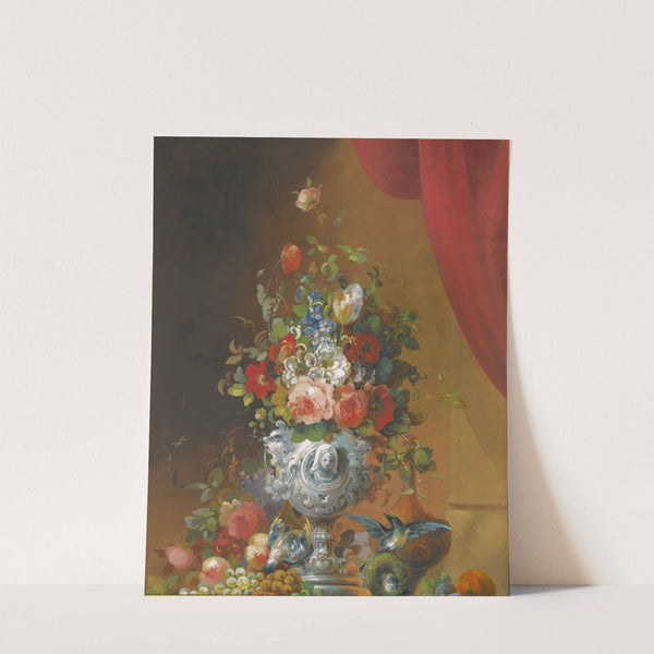Still Life With Flowers In An Urn, Birds And Fruit On A Ledge Below by Follower of Anne Vallayer-Coster