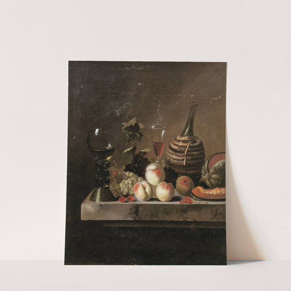 Still Life With Fruit, A Wine Flask In A Basket And A Large Roemer by Jakob Bogdány