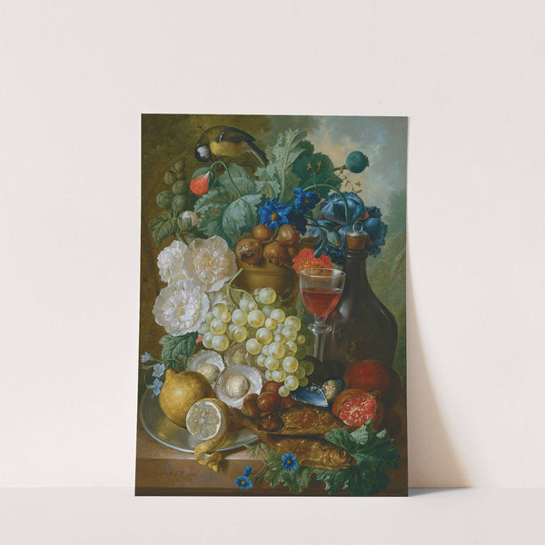 Still Life With Fruit And Flowers, Together With Oysters, Mussels, A Glass Of Wine, A Decanter And Other Objects On A Stone Ledge by Jan Van Os