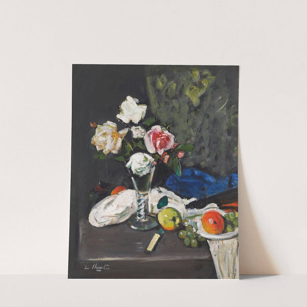 Still Life With Fruit And Roses In A Wine Glass by George Leslie Hunter