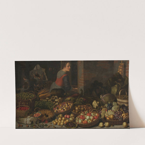 Still Life with Fruit and Vegetables, with Christ at Emmaus in the background (c. 1630) by Floris van Schooten
