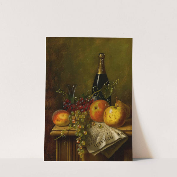 Still Life with Fruit, Champagne Bottle and Newspaper by William Michael Harnett