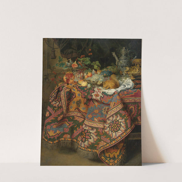 Still Life With Fruit, Gold And Silver Vessels And A Squirrel, All On A Table Covered By A Persian Rug by Guiliam Gabron