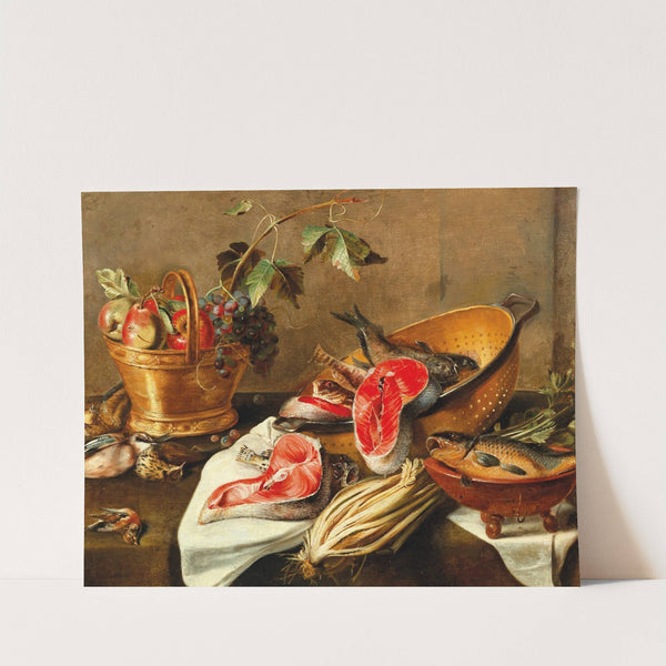 Still life with fruit in a copper vessel, fish and game by Circle of Frans Ykens