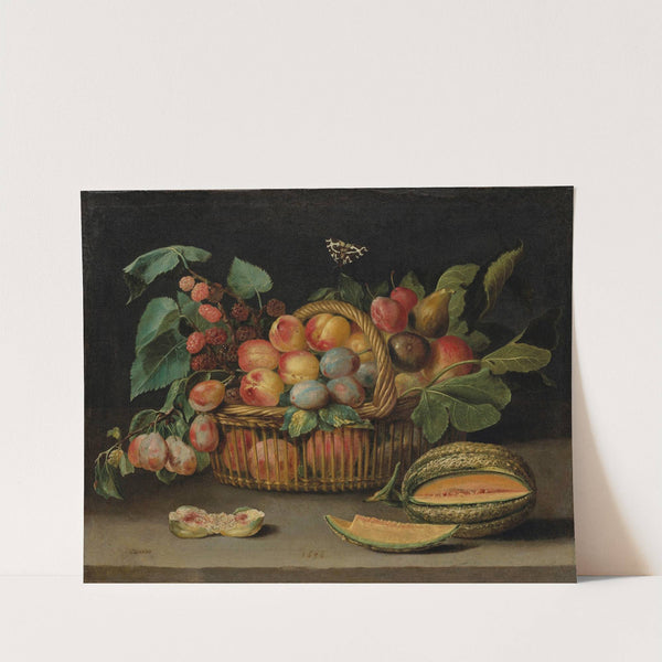 Still Life With Fruit In A Wicker Basket, With A Cut Melon (1636) by Jacques Linard