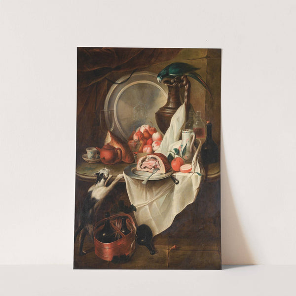 Still Life With Fruits And Ham With A Cat And A Parrot by Circle Of Alexandre-François Desportes