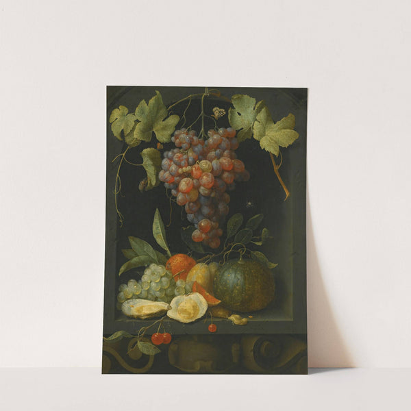 Still life with grapes a melon an orange plums and oysters in a stone niche by Joris van Son
