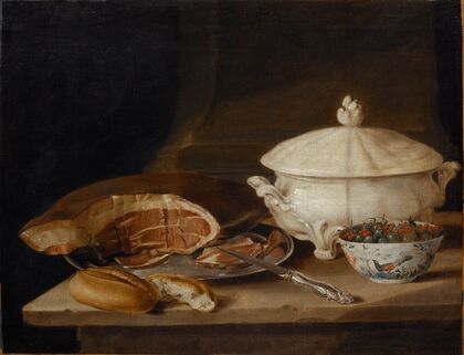Still Life with Ham on a Pewter Dish, a Faience Set and a Bowl of Gooseberries and Red Currants