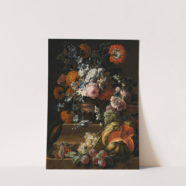 Still Life With Hollyhock, Carnations, And Various Flowers In A Vase On A Plinth With A Melon, Cherries, Grapes And Plums On A Ledge by Gaspar Peeter Verbruggen the Younger