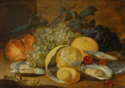 Still life with lemons, oysters and cherries