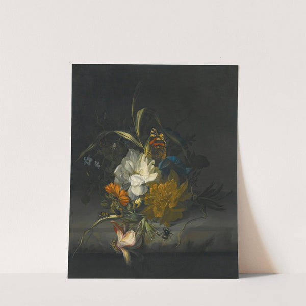 Still Life With Marigolds, Morning Glory, A Passion Flower And Other Assorted Flowers, Together With Insects On A Stone Ledge by Rachel Ruysch