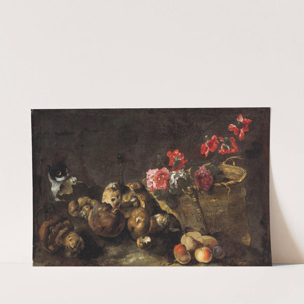 Still Life With Mushrooms, Fruit, A Basket Of Flowers And A Cat by Simone Del Tintore
