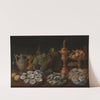 Still life with oysters, fruit, sweets and costly vessels by Jacob Foppens van Es