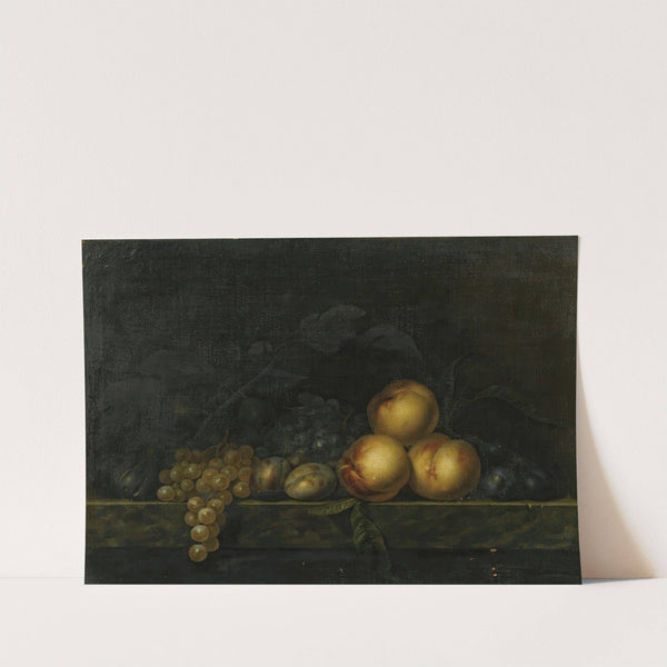 Still life with peaches, plums, grapes and figs on a marble ledge by Paul Liégeois