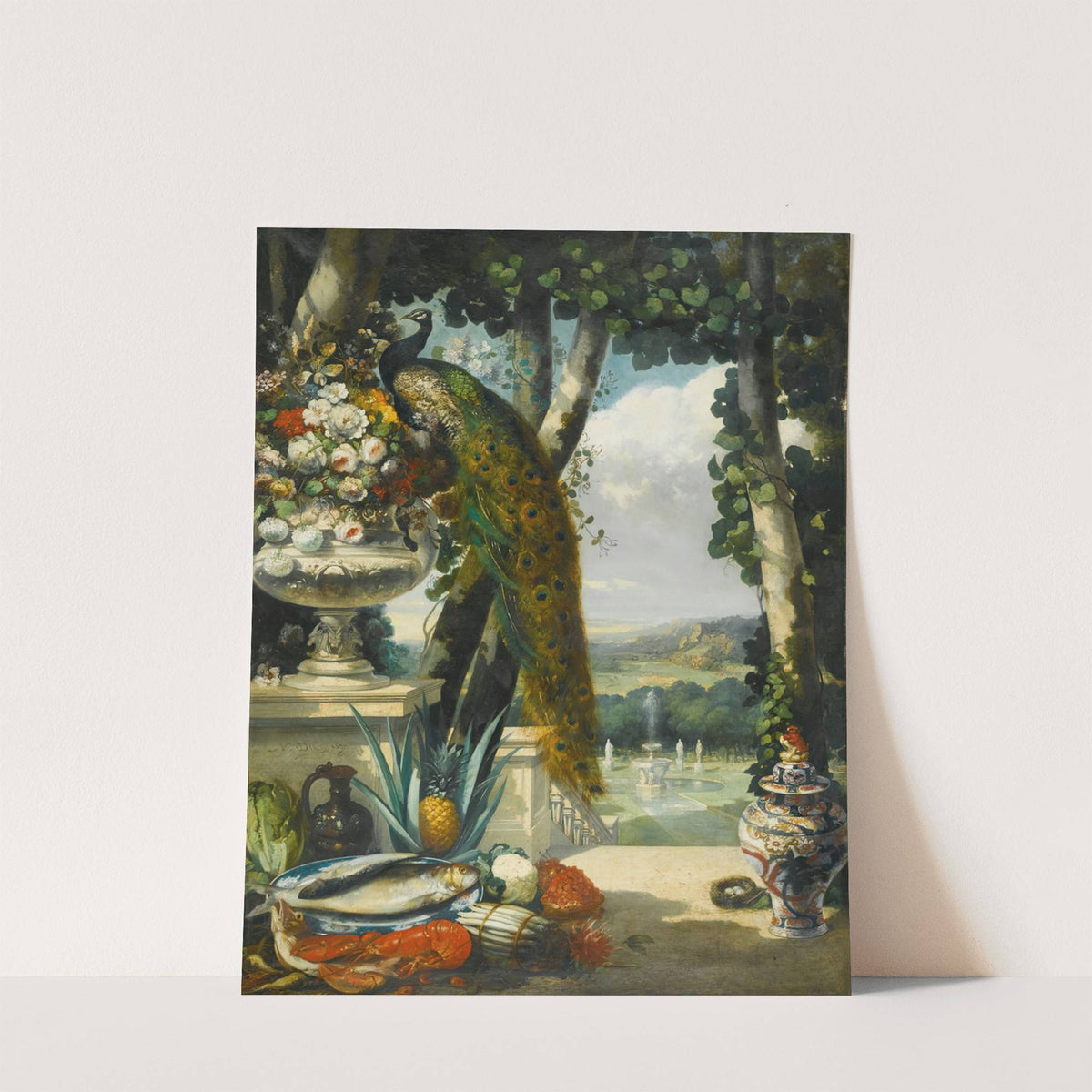 Still life with peacock, flowers, fruit and japanese vase, an extensive park landscape beyond by Narcisse-Virgile Diaz de La Peña