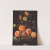 Still life with plums, an orange, a cabbage white butterfly and flowers in a glass vase on a stone ledge by Martinus Nellius