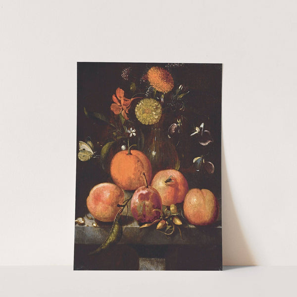Still life with plums, an orange, a cabbage white butterfly and flowers in a glass vase on a stone ledge by Martinus Nellius