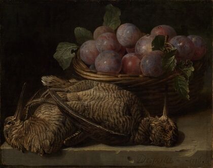 Still life with plums and two snipes on a stone table — size preview