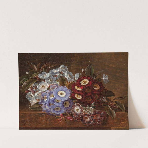 Still life with primroses on a marble ledge by Johan Laurentz Jensen