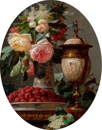 Still life with roses and a bowl of raspberries with a silver-gilt ostrich egg cup