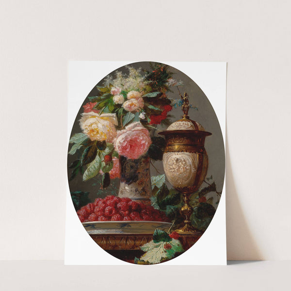 Still life with roses and a bowl of raspberries with a silver-gilt ostrich egg cup by Jean-Baptiste Robie