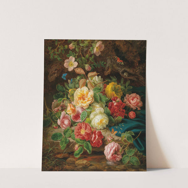 Still Life with Roses and Butterflies by a Brook in a Forest by Josef Lauer