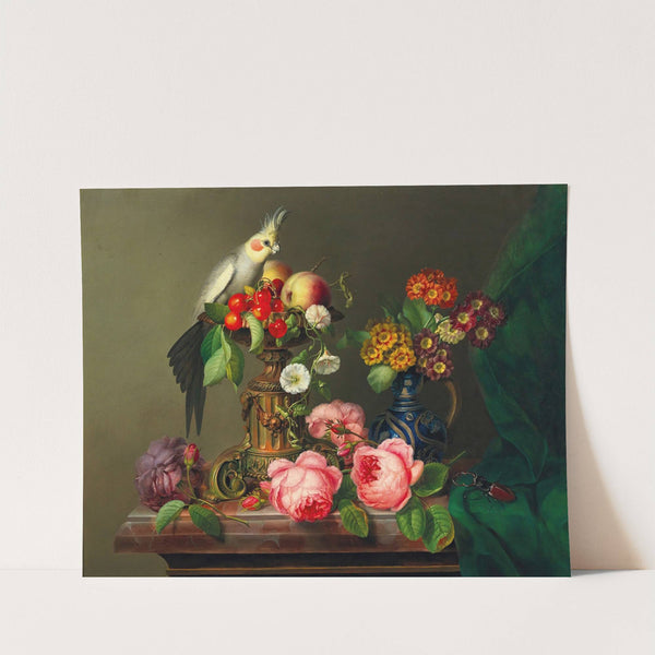 Still Life with Roses, Fruit, Cockatiel and Stag Beetle by Leopold Brunner the Elder