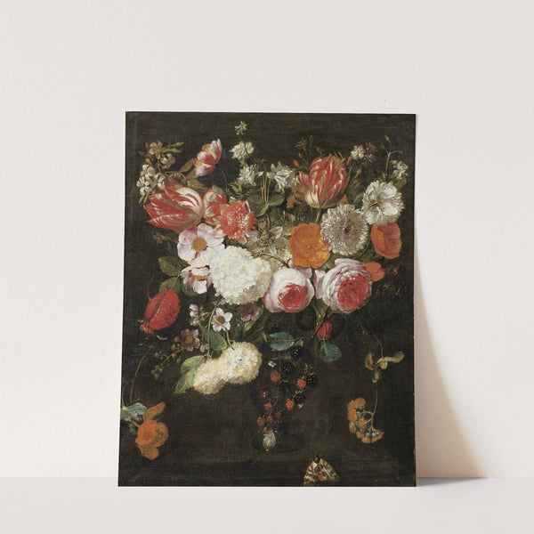 Still Life With Roses, Tulips And Other Flowers In A Vase Together With Blackberries And A Moth by Gaspar Peeter Verbruggen the Elder