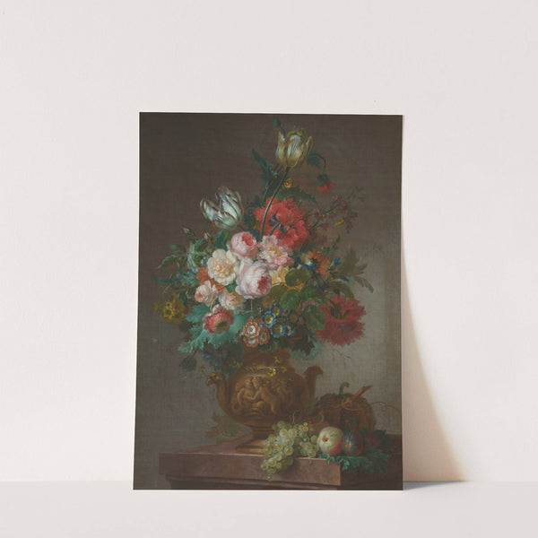 Still life with tulips and peonies in a vase on a ledge with fruit by Willem van Leen