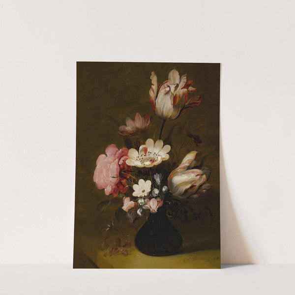 Still Life With Tulips, Peonies, Anemones, Hyacinths And Other Flowers In A Glass Vase On A Stone Ledge by Hans Bollongier