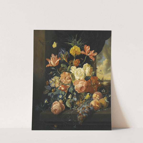 Still life with tulips, roses and fruit by Josef Holstayn