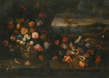 Still Life With Vase Of Flowers In A Coastal Landscape Setting