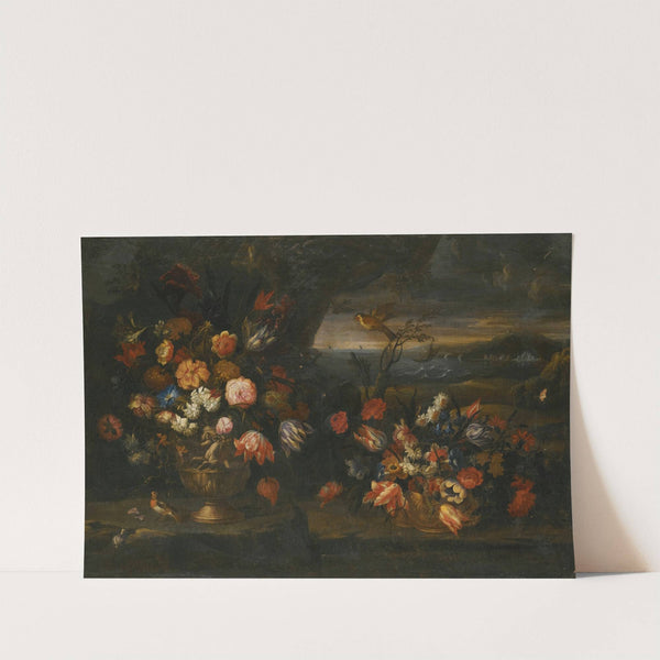 Still Life With Vase Of Flowers In A Coastal Landscape Setting by Francesco Caldei