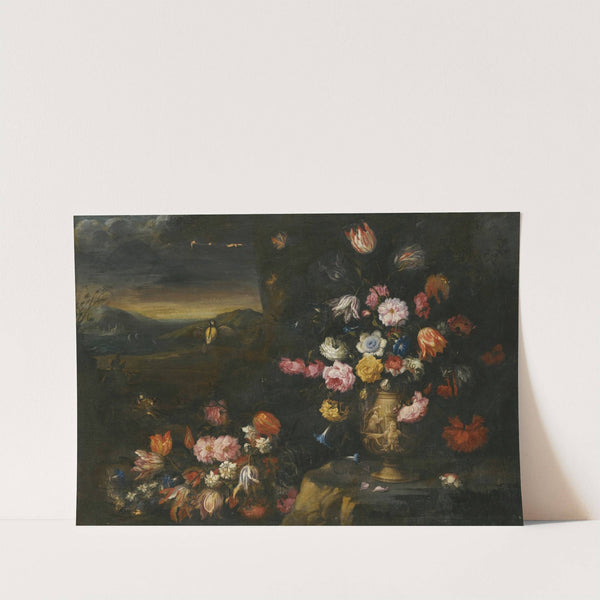 Still Life With Vase Of Flowers In A Coastal Landscape Setting by Francesco Caldei