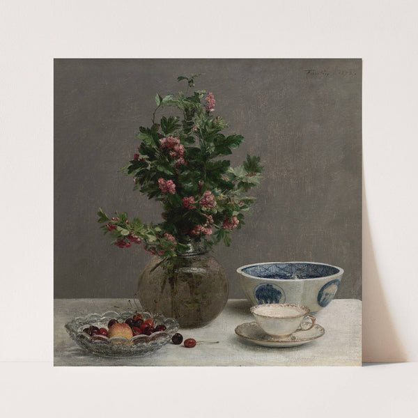 Still Life with Vase of Hawthorn, Bowl of Cherries, Japanese Bowl, and Cup and Saucer (1872) by Henri Fantin-Latour