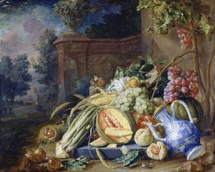 Still Life With Vegetables And Fruit Before A Garden Balustrade