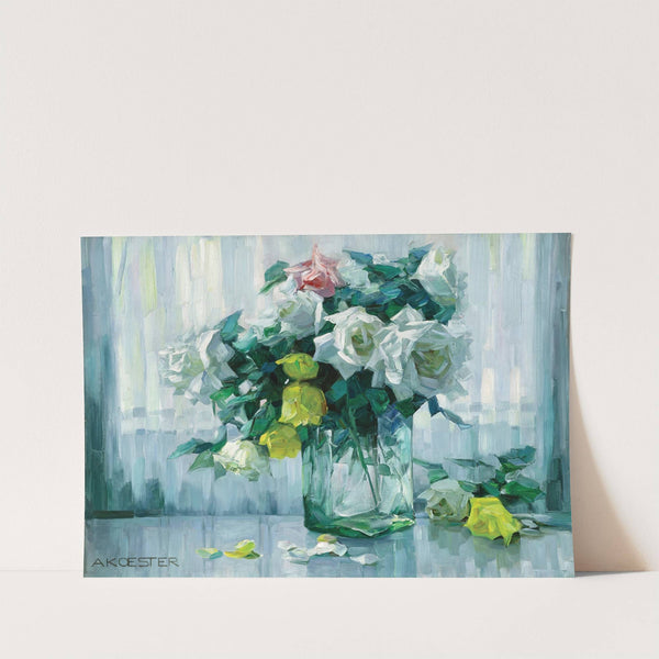 Still Life with White and Yellow Roses in a Glass Vase by Alexander Koester