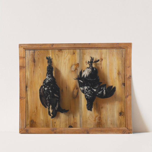 Stilleben med två orrtuppar mot en brädvägg by David Klöcker Ehrenstrahl