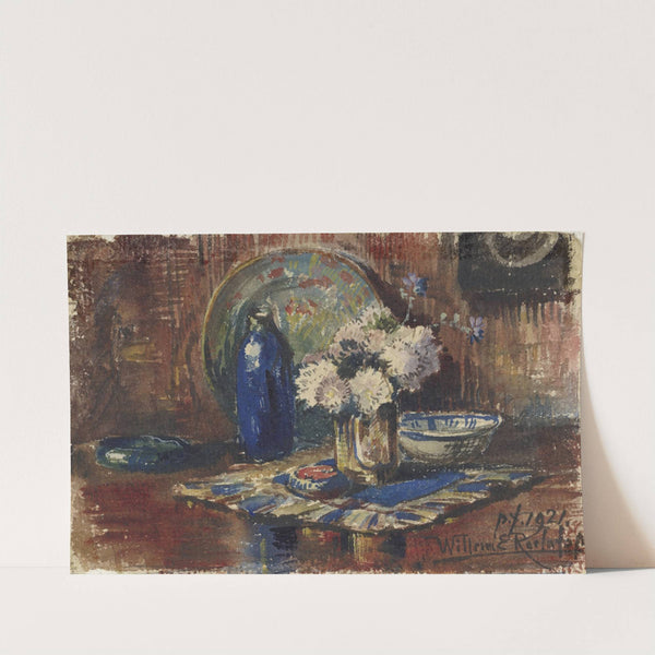 Stilleven met blauwe fles en vaas met bloemen by Willem Roelofs II