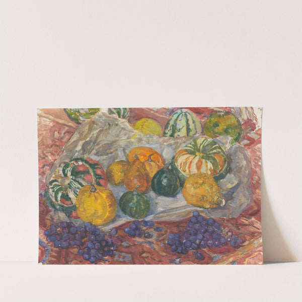 Stilleven van pompoenen en druiven op een kleed by Barbara Elisabeth van Houten