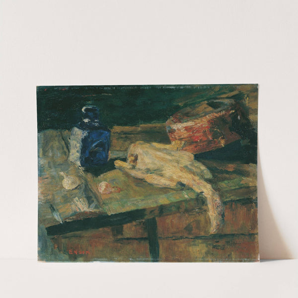 Stillleben mit blauer Flasche und gerupftem Huhn by James Ensor