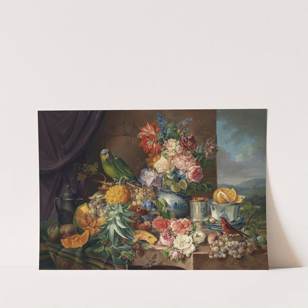 Stillleben Mit Früchten Blumen Und Papagei by Josef Schuster