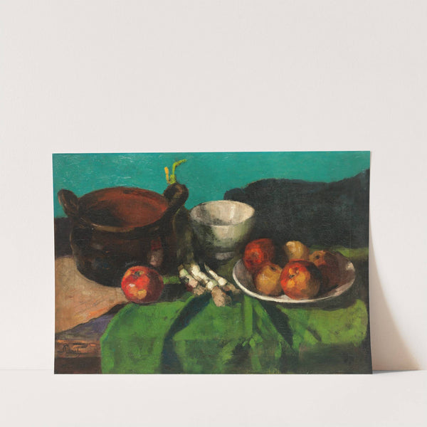 Stillleben mit Gefäßen Äpfeln und Lauchzwiebeln by Carl Schuch