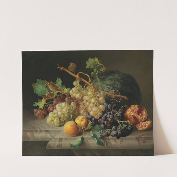 Stillleben mit Granatapfel Weintrauben und Melone by Josef Lauer