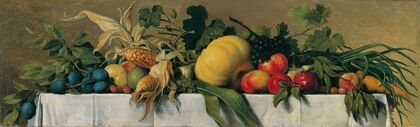 Stillleben mit Obst und Gemüse auf weißem Tischtuch (1830-1840)