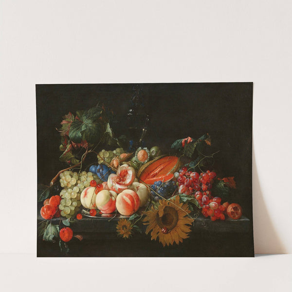 Stillleben mit Pfirsichen und Kirschen auf einer Silberplatte mit anderen Früchten, Nüssen und Sonnenblumen by Cornelis de Heem