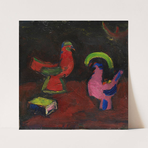 Stillleben mit Tierfiguren und einem Buch (Hahn, Henne und Schachtel) (1913) by Hermann Stenner