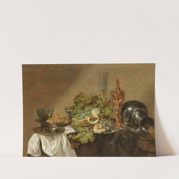 Stillleben mit Trauben, Zitronen, Brot, einem Römer und einem vergoldeten Pokal auf einer Tafel by Abraham van Beyeren