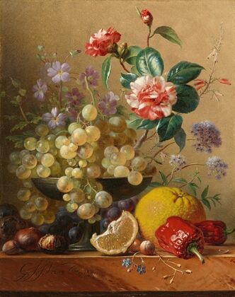 Stillleben mit Weintrauben in einer Silberschale, Kamelienzweig, Zitrone, Paprika, Kastanien und Nüssen auf einer Marmorplatte (1834)