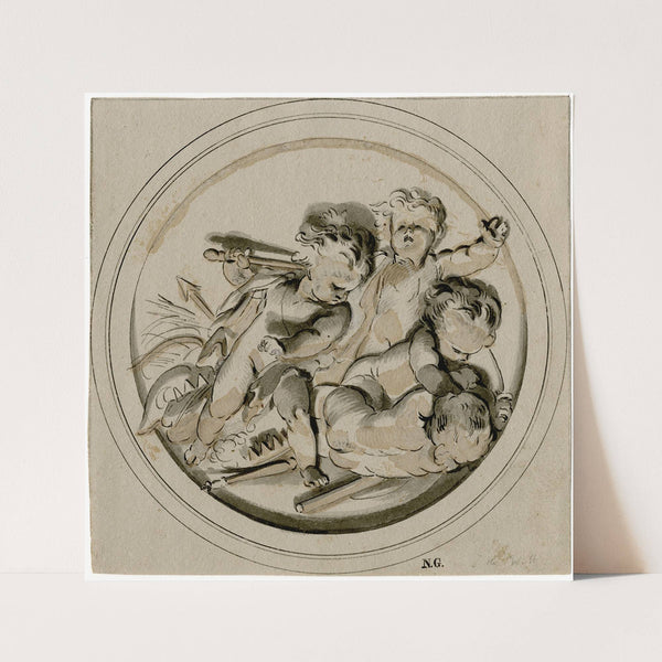 Stoeiende putti in een medaillon by Jacob de Wit